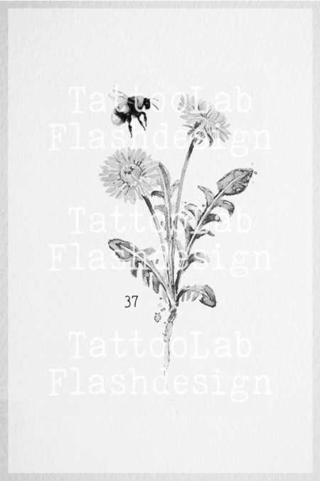 Grote tattoo design van een bij met paardenbloem in watercolour stijl
