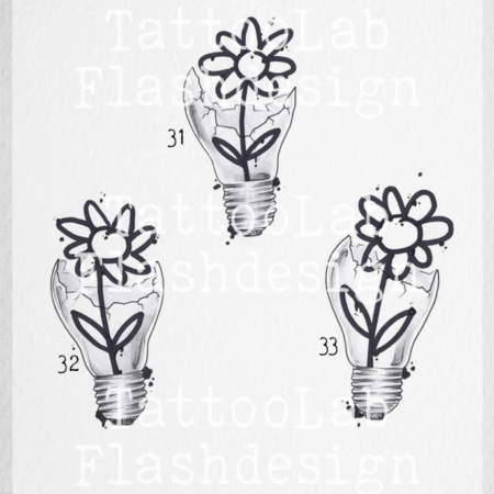 Handgemaakte tattoo ontwerpen van een realistische gloeilamp met een abstracte bloem